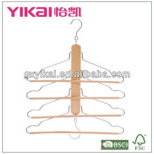 Space-saving wooden shirt hanger with 4 tiers of toursers round bar and 2 hooks